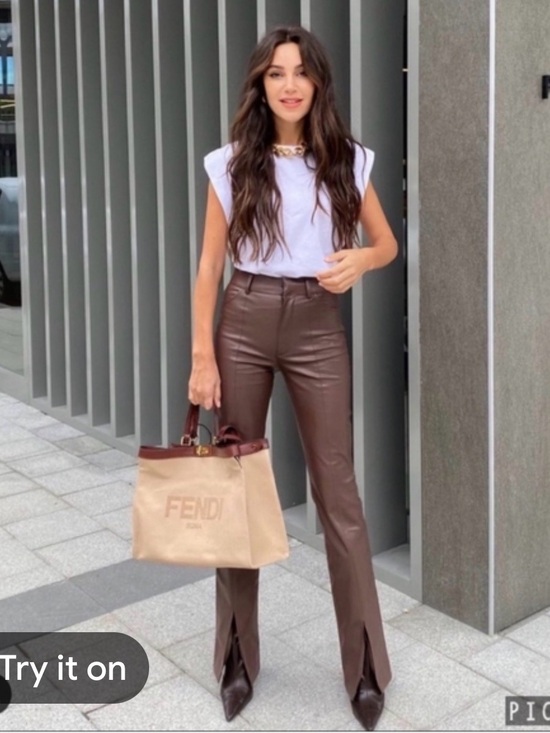 Zara Pants - Leather-Look Split-Hem Pants in Chocolate Brown